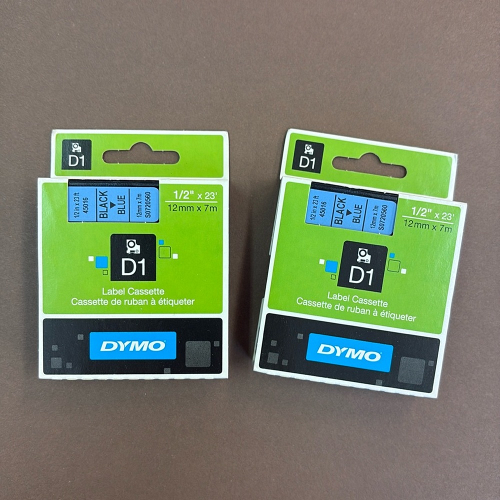 🟢 FREE WITH ANY PURCHASE OVER $10. (2) DYMO D1 Label 1/2” x 23’ Black on Blue